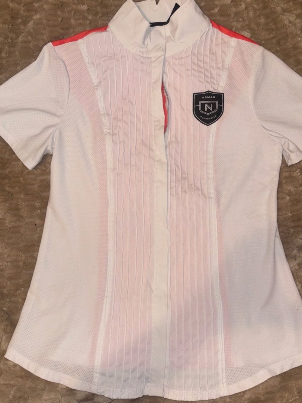 Women's White Short-Sleeve Asmar Riding Shirt with Coral Trim